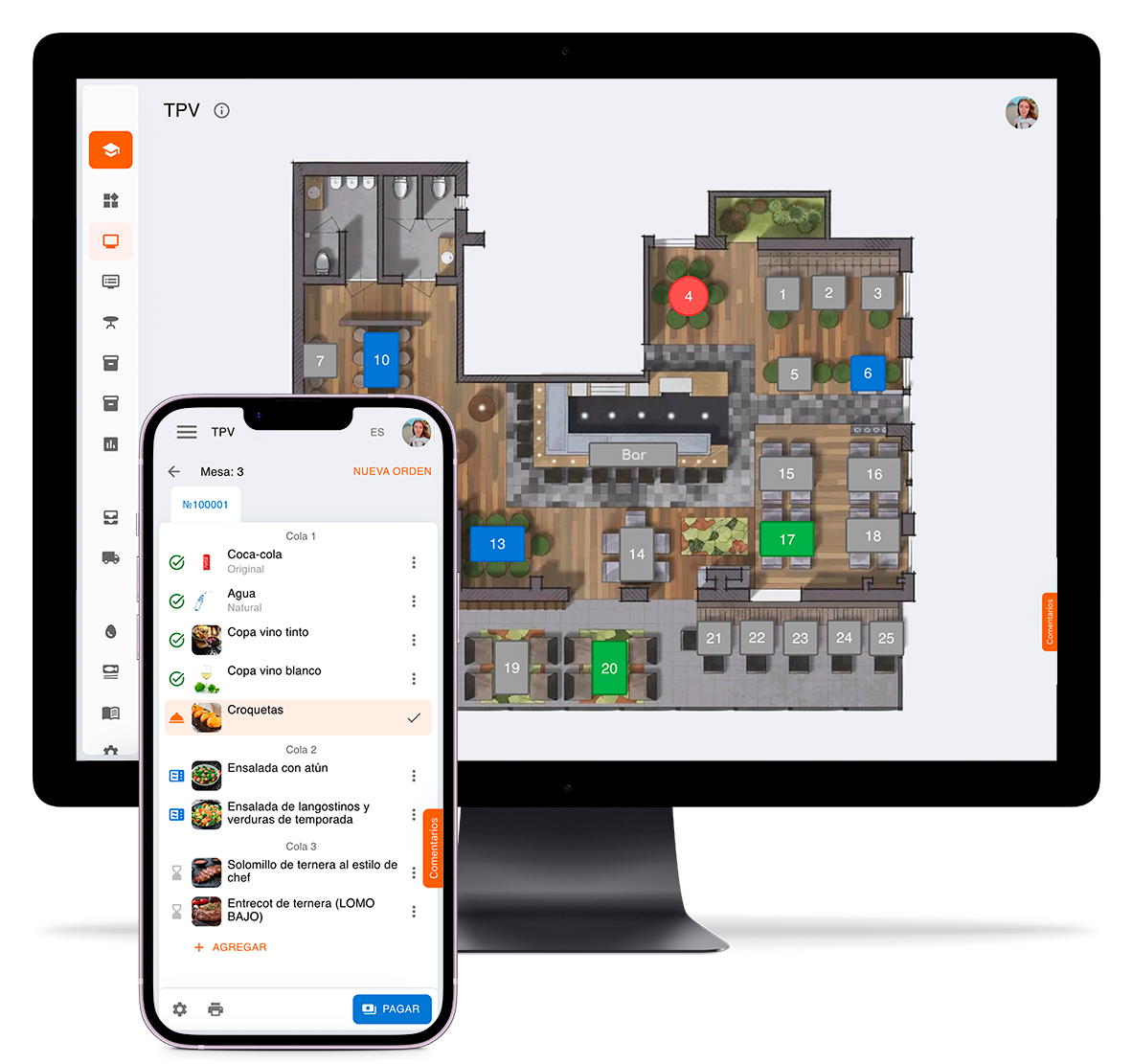 Espacio de trabajo FireMenu con pedidos y herramientas de servicio